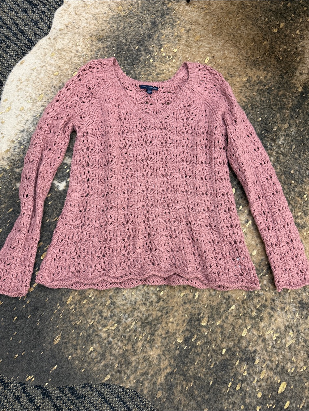 American Eagle Outfitters Dusty Pink Open-Knit V-Neck Sweater